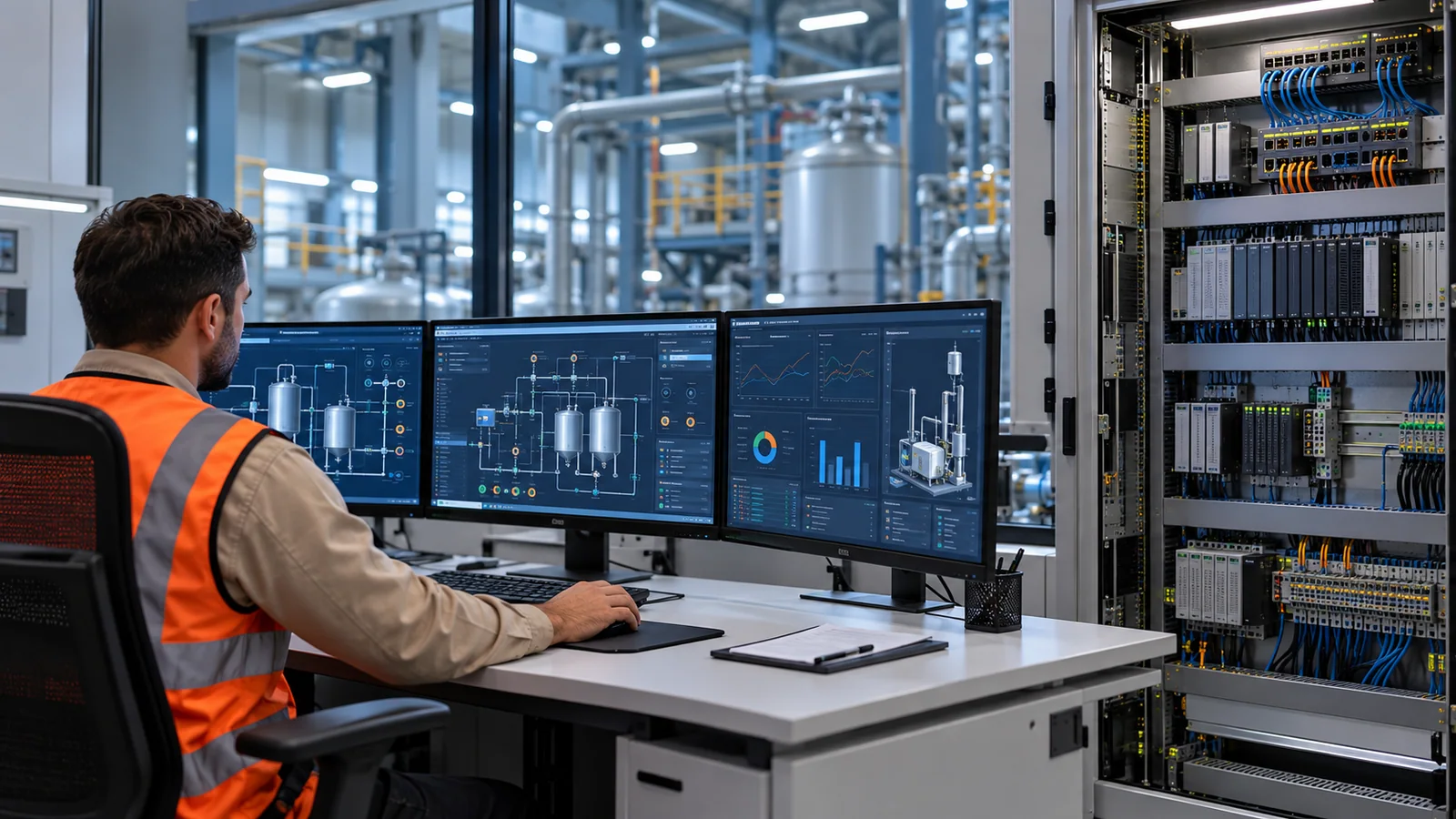 Profesional supervisando un sistema de control y digitalización industrial