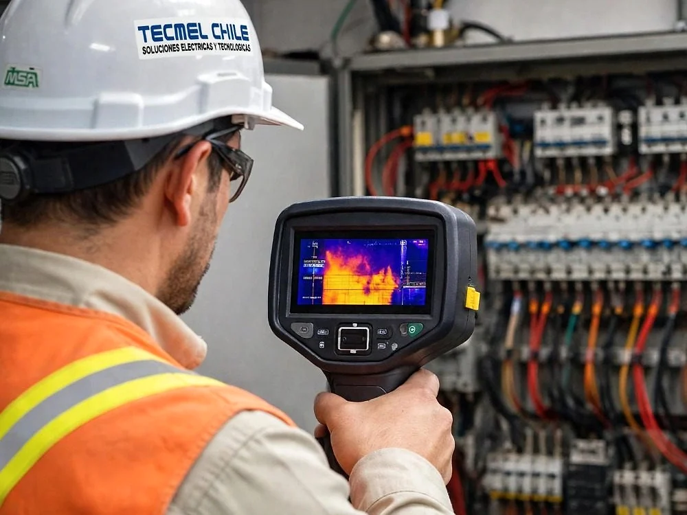 Profesional realizando una inspección termográfica en un tablero eléctrico