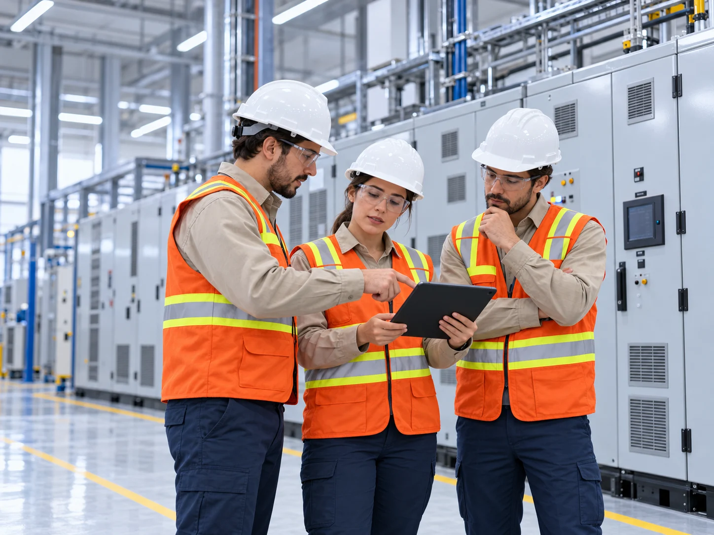 Equipo técnico colaborando en una solución eléctrica industrial